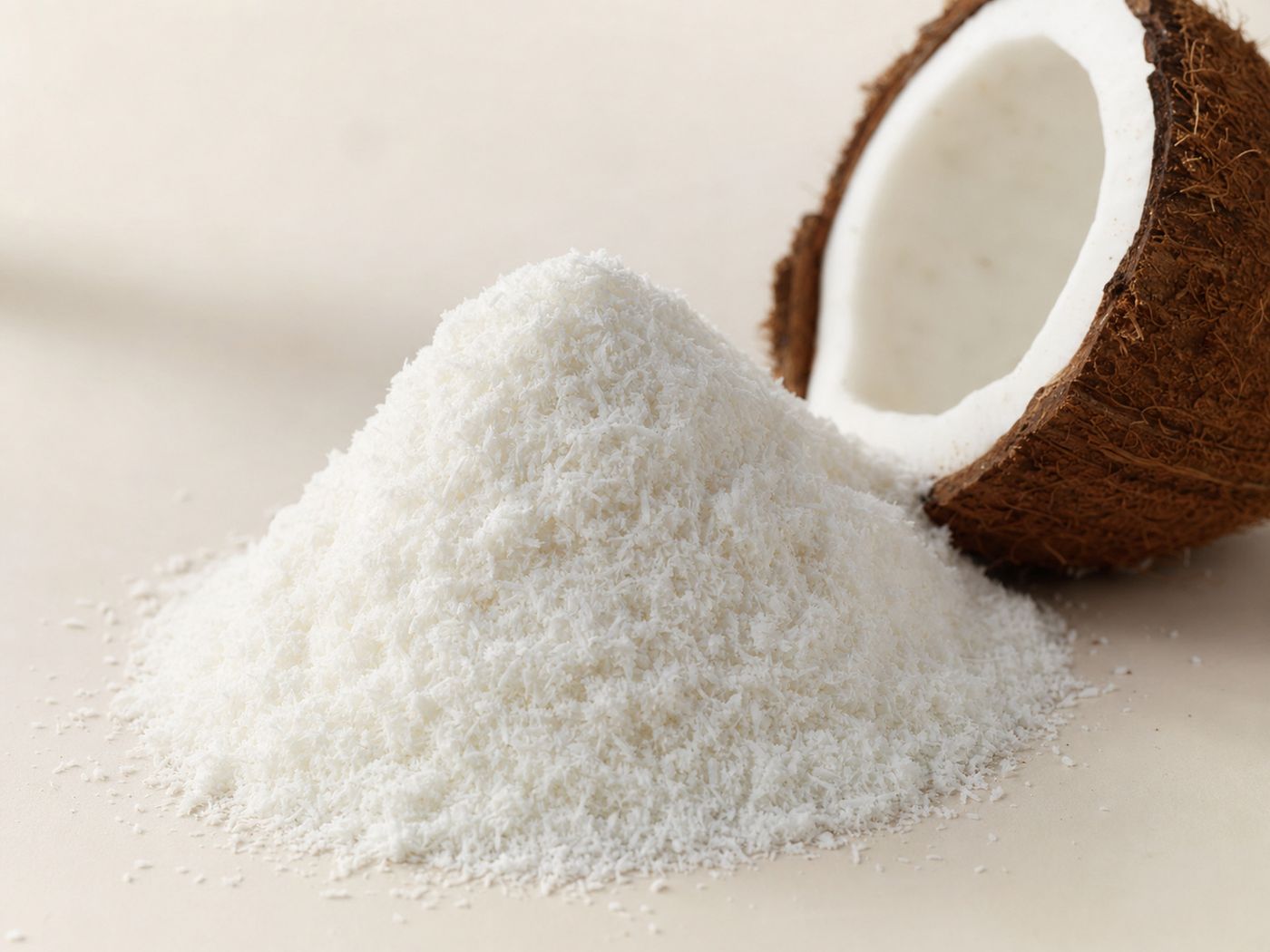 Halved coconut beside white desiccated coconut powder