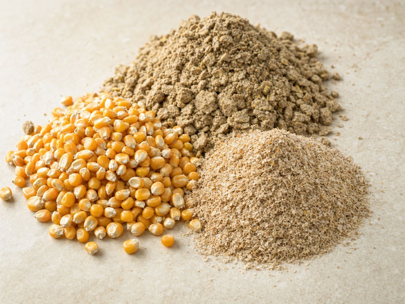 Assorted feed ingredients including maize and de-oiled cake