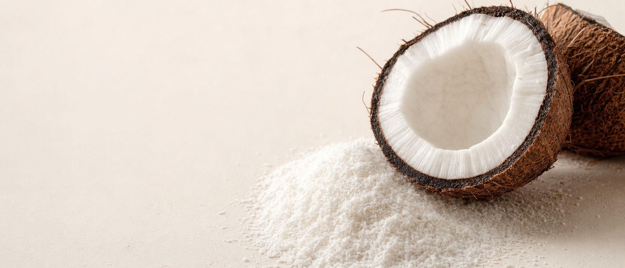 Halved coconut with desiccated coconut powder