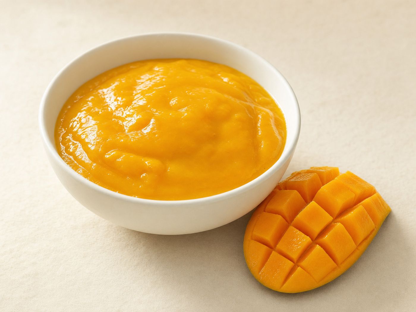 Bright yellow mango pulp in a bowl